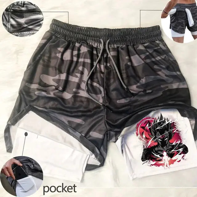 Anime Running Shorts Men Fitness Gym Training 2 in 1 Sports Shorts