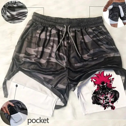 Anime Running Shorts Men Fitness Gym Training 2 in 1 Sports Shorts