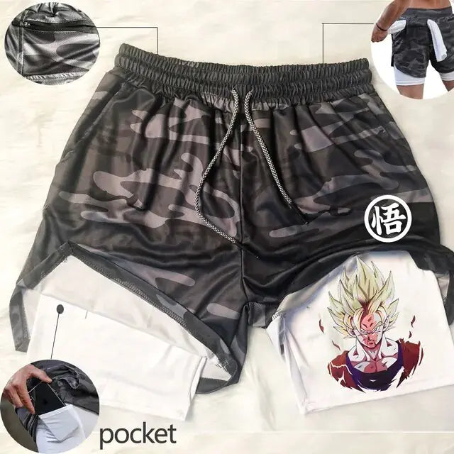 Anime Running Shorts Men Fitness Gym Training 2 in 1 Sports Shorts