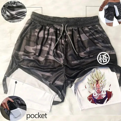 Anime Running Shorts Men Fitness Gym Training 2 in 1 Sports Shorts